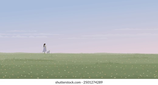 Campo de flores minimalista del paisaje de la salida del sol con una mujer que maneja a su perro en el gráfico de la correa ilustrado tienen espacio en blanco.