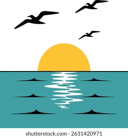 Minimalist Sunrise Over Ocean with Seagulls - Vector Scene