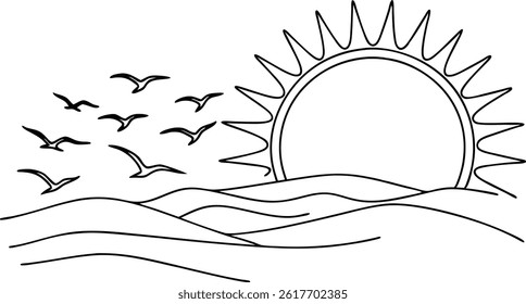 Minimalist Sunrise Over Sea With Birds Flying Linear Black And White Illustration