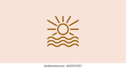 Minimalist sunrise or sunset icon logo design with ocean waves