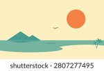 Minimalist sunset illustration with a bird flying over the ocean and distant mountains minimalist landscape