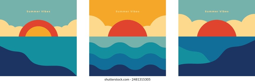 Ilustraciones de atardecer minimalistas con vibraciones de verano, para Anuncios, mensajes, póster y tarjeta