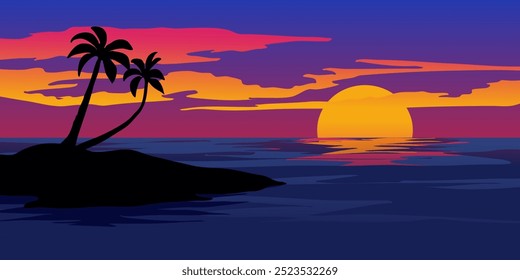 Minimalist sunset landascape with silhouette of island in ocean