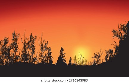 Paisaje minimalista al atardecer con siluetas oscuras de árboles y un cálido cielo naranja. Fondo de la naturaleza de la tarde tranquila ideal para carteles, Fondos de pantalla y diseños temáticos al aire libre.