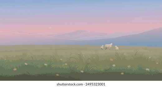 Minimalistische Sonnenuntergangslandschaft Grass Hill mit Schäfchen Familie haben Gebirgszüge hinter Grafik illustriert haben Leerraum.