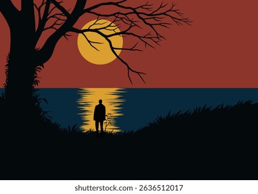 Minimalist sunset landscape illustration with silhouette of a tree and a lonely man looking at the sea