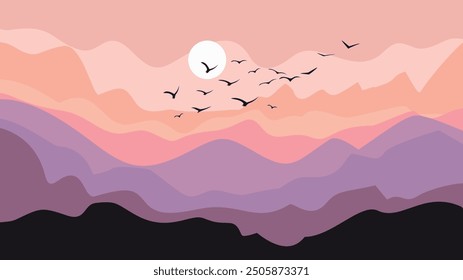 A minimalist sunset landscape with layered mountain silhouettes in soft pink, peach, and purple hues. The sun sets behind the mountains, and birds soar across the serene sky