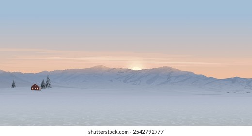 Paisagem de pôr do sol minimalista com cordilheiras, casa de campo e pinheiros na estação de inverno cobertos de neve branca têm ilustração gráfica dramática do fundo do céu.