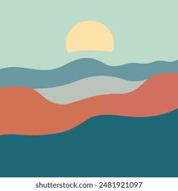 Ilustración vectorial de paisaje de atardecer minimalista