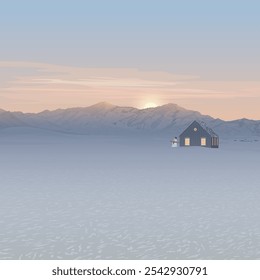 Paisagem de pôr do sol minimalista na estação de inverno com faixas de mananciais, casa de campo e boneco de neve coberto pela neve branca têm céu baunilha ilustração gráfica de fundo vertical.