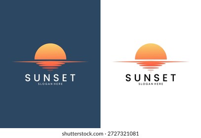 Diseño minimalista del logotipo de la puesta del sol, icono Abstractas de la reflexión del agua del sol sobre el mar para los viajes, el balneario, y la identidad de la marca del centro turístico del verano