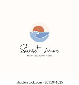 Logo de puesta de sol minimalista con plantilla de vector de ondas