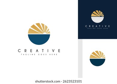 Pôr do sol minimalista e logotipo do oceano com cores quentes e ondas suaves. Perfeito para viagens, resorts de praia, bem-estar ou marca com tema de verão. Vetor escalável, pronto para impressão e digital.