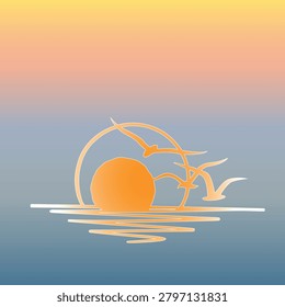 Minimalist sunset ocean vector, elegant beach sunrise with seagulls and sun reflection. Abstract tropical sunset or sunrise over the ocean. Ideal for travel branding, summer vacation posters, mindfulness and meditation backgrounds, coastal home decor prints, and serene wellness lifestyle graphics.