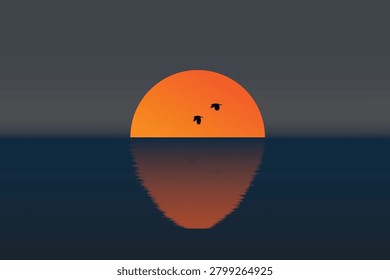 Minimalist sunset over calm ocean with flying birds and glowing reflection, serene nature landscape illustration ideal for travel, wellness, meditation, wall art, branding, and background design.