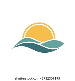 Minimalist Sunset Over Ocean Waves Logo - Elegant Sun and Sea Illustration for Travel, Resort, and Wellness Branding