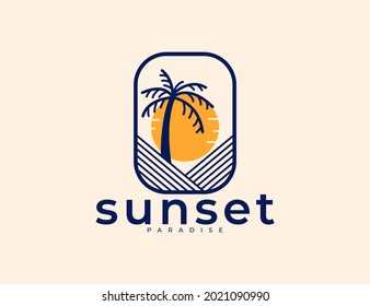 Minimalist sunset and palm tree logo. Clean and elegant palm tree with sun logo