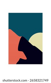Pôr do sol minimalista paisagem de areia montanha parede arte. Arte de montanha minimalista plana com pôr do sol, oceano, esquema de cores terra macia
