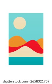 Arte minimalista de la pared de la montaña del paisaje de la puesta del sol. Arte minimalista plano de la montaña con la puesta del sol, océano, esquema terroso suave del color