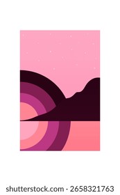 Pôr do sol minimalista paisagem de areia montanha parede arte. Arte de montanha minimalista plana com pôr do sol, oceano, esquema de cores terra macia
