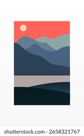 Minimalistische Sonnenuntergang Sandscape Bergwand Kunst. Flache minimalistische Bergkunst mit Sonnenuntergang, Meer, weiche erdige Farbschema