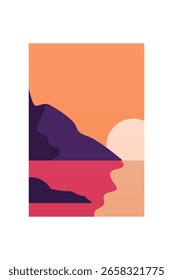 Arte minimalista de la pared de la montaña del paisaje de la puesta del sol. Arte minimalista plano de la montaña con la puesta del sol, océano, esquema terroso suave del color