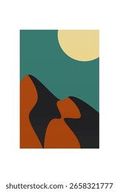 Arte minimalista de la pared de la montaña del paisaje de la puesta del sol. Arte minimalista plano de la montaña con la puesta del sol, océano, esquema terroso suave del color