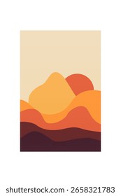 Arte minimalista de la pared de la montaña del paisaje de la puesta del sol. Arte minimalista plano de la montaña con la puesta del sol, océano, esquema terroso suave del color