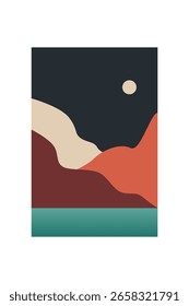Minimalist sunset sandscape mountain wall art. Flat minimalist mountain art with sunset, ocean, soft earthy color scheme
