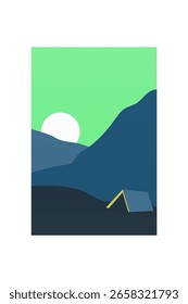 Arte minimalista de la pared de la montaña del paisaje de la puesta del sol. Arte minimalista plano de la montaña con la puesta del sol, océano, esquema terroso suave del color