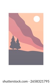 Minimalistische Sonnenuntergang Sandscape Bergwand Kunst. Flache minimalistische Bergkunst mit Sonnenuntergang, Meer, weiche erdige Farbschema