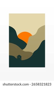 Arte minimalista de la pared de la montaña del paisaje de la puesta del sol. Arte minimalista plano de la montaña con la puesta del sol, océano, esquema terroso suave del color