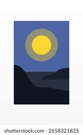 Arte minimalista de la pared de la montaña del paisaje de la puesta del sol. Arte minimalista plano de la montaña con la puesta del sol, océano, esquema terroso suave del color
