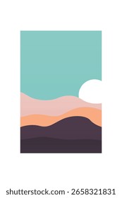 Minimalist sunset sandscape mountain wall art. Flat minimalist mountain art with sunset, ocean, soft earthy color scheme