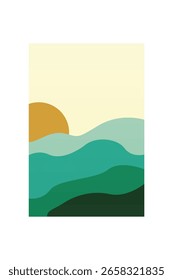 Minimalist sunset sandscape mountain wall art. Flat minimalist mountain art with sunset, ocean, soft earthy color scheme