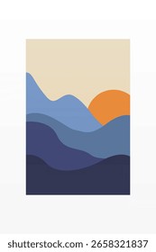 Pôr do sol minimalista paisagem de areia montanha parede arte. Arte de montanha minimalista plana com pôr do sol, oceano, esquema de cores terra macia