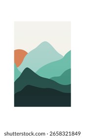 Minimalist sunset sandscape mountain wall art. Flat minimalist mountain art with sunset, ocean, soft earthy color scheme