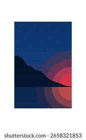 Arte minimalista de la pared de la montaña del paisaje de la puesta del sol. Arte minimalista plano de la montaña con la puesta del sol, océano, esquema terroso suave del color