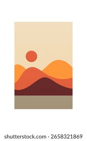 Minimalist sunset sandscape mountain wall art. Flat minimalist mountain art with sunset, ocean, soft earthy color scheme