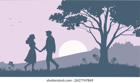 Minimalist Sunset Scene with Romantic Couple Silhouette by the Ocean