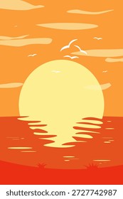 Ilustração minimalista da paisagem do pôr do sol. Paisagem de design plano.	