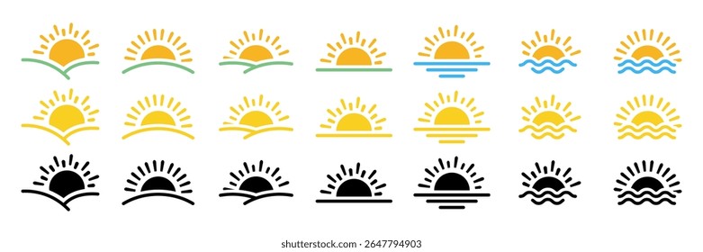 Minimalist sunset scenes including ocean, mountains, and abstract sun silhouettes. Summer designs