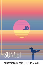 Minimalist sunset in the sea, ocean, with a sailboat and seagulls. Summer holidays, flyer, banner, poster, background, vector background. EPS 10