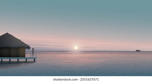 Minimalist sunset seascape with overwater bungalow have twilight sky background graphic illustration.