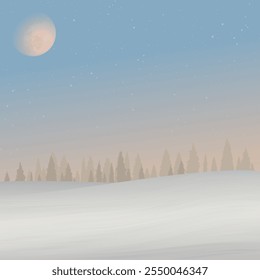 Minimalist sunset snowscape with silhouette pine forest have moon and starry on vanilla sky square background graphic illustration.