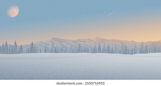 Minimalist sunset snowscape with silhouette pine forest and mountain ranges have moon and starry on vanilla sky background graphic illustration. Merry Xmas and Happy New Year greeting card template.