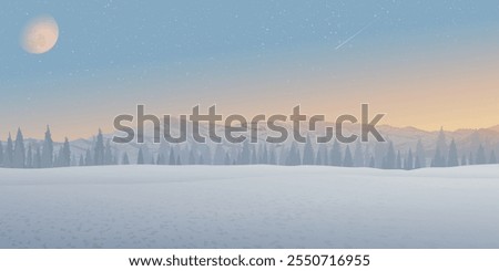 Minimalist sunset snowscape with silhouette pine forest and mountain ranges have moon and starry on vanilla sky background graphic illustration. Merry Xmas and Happy New Year greeting card template.
