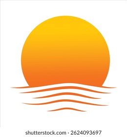 Minimalist sunset or sunrise illustration featuring a bright yellow-orange sun over stylized wavy lines, symbolizing the sea or ocean. Perfect for summer, vacation, beach, tropical, and relaxation the