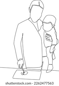 Minimalist supermom concept. Mom holding her son while cooking at the pantry. Black and white vector illustration, mother, supermom.