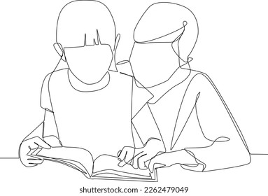 Minimalist supermom concept. A mom teaches her children to read a book. Black and white vector illustration, mother, supermom, mother’s day.